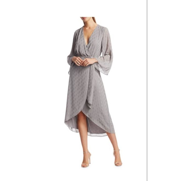 Ramy Brook Dress 2 Midi Faux Wrap Gray Diamond Flowy Julie Wedding Guest - Picture 1 of 13